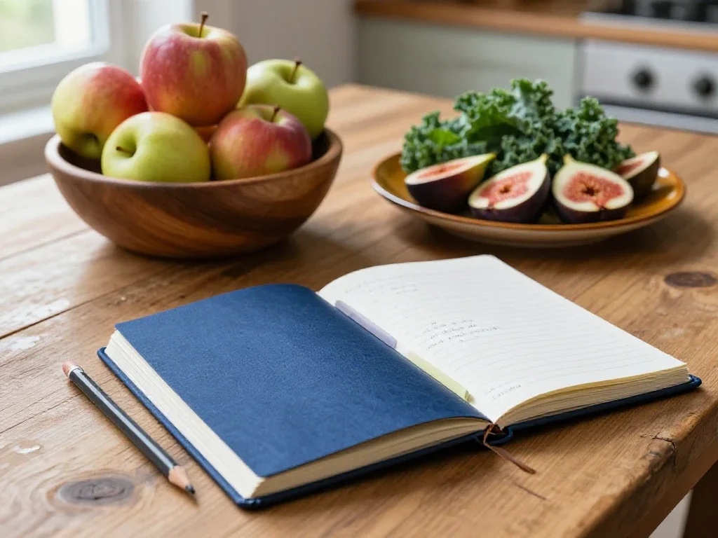 Carnet de notes et produits frais sur une table, évoquant l'apprentissage et la curiosité intellectuelle.