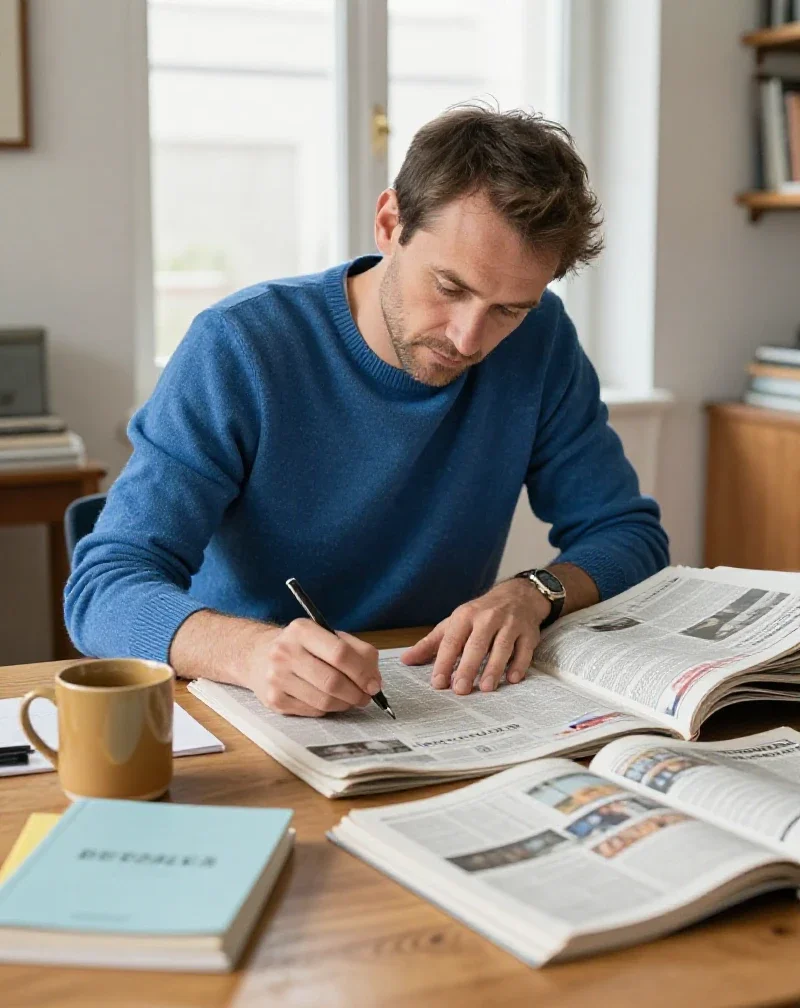Un homme explore divers journaux et livres pour approfondir ses connaissances avec soin.