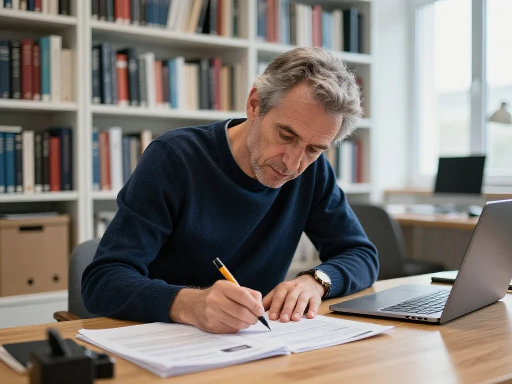 Journaliste analysant des dossiers complexes dans un bureau lumineux pour une synthèse précise.