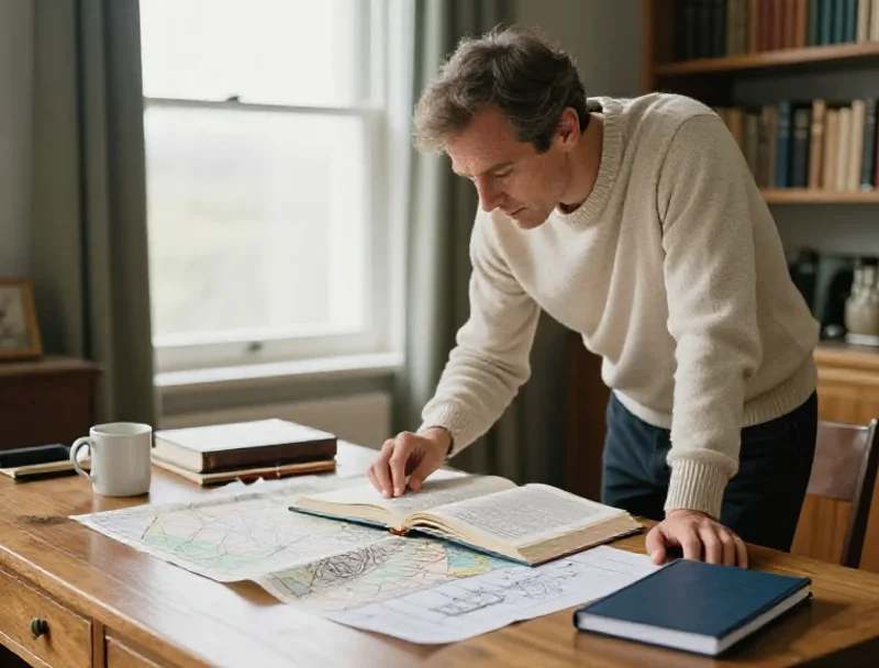 Un homme analyse divers documents pour s'informer en profondeur avant de prendre une décision.