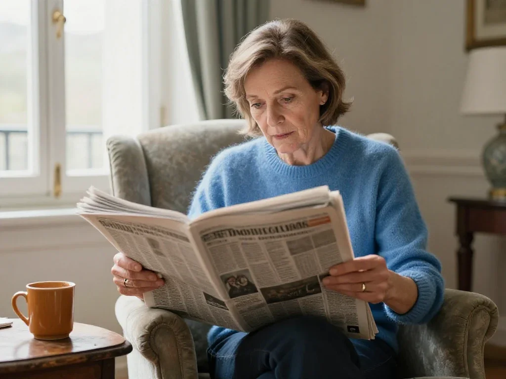 Lectrice française d'apparence européenne analysant un journal pour une compréhension riche et variée.